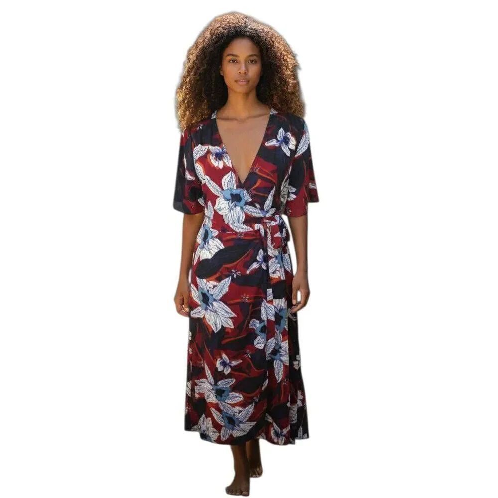 JAPNA BURGUNDY, NAVY, BLUE, & WHITE FLORAL WRAP DRESS SZ.XS EUC